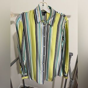 Ishyu Neon green multicolored stripe Metallic Striped Fancy Button Front Top